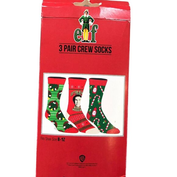 Elf Movie Buddy Christmas 3 Pair Crew Socks Size 8-12 Mens Unisex Bioworld - Picture 1 of 4